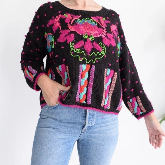 Vintage Black Knit with Neon Floral Yarn Design Crewneck Crop Sweater M - Picture 3 of 13